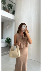Pileli Bluz Etek Takım - Vizon - Kod: 8490 8021