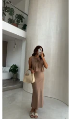 Pileli Bluz Etek Takım - Vizon - Kod: 8490 8021