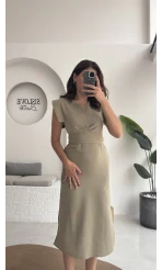 Pimenta Kuşaklı Midi Elbise - Haki - 2294