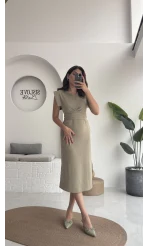 Pimenta Kuşaklı Midi Elbise - Haki - 2294
