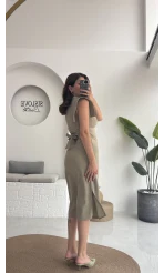 Pimenta Kuşaklı Midi Elbise - Haki - 2294