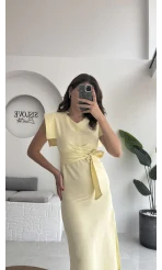 Pimenta Kuşaklı Midi Elbise - Sarı - 2294