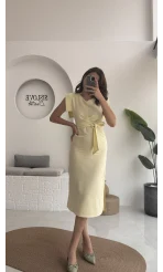Pimenta Kuşaklı Midi Elbise - Sarı - 2294