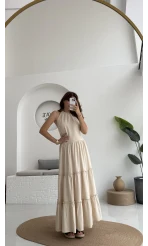 Polen Boyundan Bağlamalı Keten Elbise - Bej - 6027