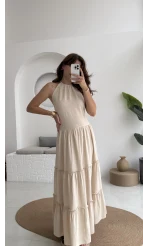 Polen Boyundan Bağlamalı Keten Elbise - Bej - 6027