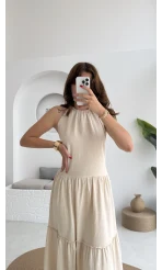 Polen Boyundan Bağlamalı Keten Elbise - Bej - 6027