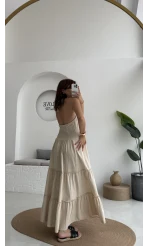 Polen Boyundan Bağlamalı Keten Elbise - Bej - 6027