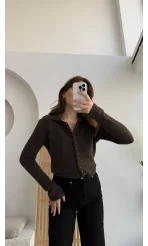 Polo Yaka Düğmeli Hırka - Acı Kahve