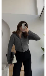 Polo Yaka Düğmeli Hırka - Antrasit