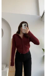 Polo Yaka Düğmeli Hırka - Bordo