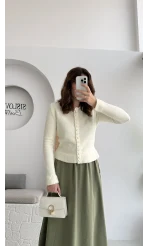 Polo Yaka Düğmeli Hırka - Ekru