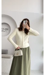 Polo Yaka Düğmeli Hırka - Ekru