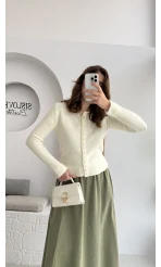 Polo Yaka Düğmeli Hırka - Ekru