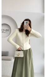 Polo Yaka Düğmeli Hırka - Ekru