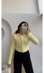 Polo Yaka Düğmeli Hırka - Sarı