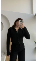 Polo Yaka Düğmeli Hırka - Siyah