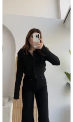 Polo Yaka Düğmeli Hırka - Siyah