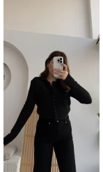 Polo Yaka Düğmeli Hırka - Siyah