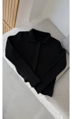 Polo Yaka Düğmeli Hırka - Siyah