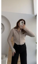 Polo Yaka Düğmeli Hırka - Taş