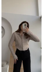 Polo Yaka Düğmeli Hırka - Taş