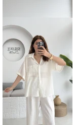 Pome Keten Karışımlı Tek Cepli Gömlek Ekru - 2114