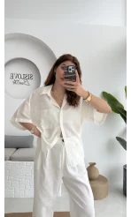 Pome Keten Karışımlı Tek Cepli Gömlek Ekru - 2114