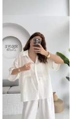 Pome Keten Karışımlı Tek Cepli Gömlek Ekru - 2114