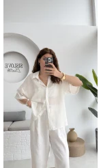 Pome Keten Karışımlı Tek Cepli Gömlek Ekru - 2114