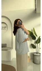 Pome Keten Karışımlı Tek Cepli Gömlek Mavi - 2114