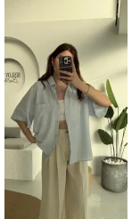 Pome Keten Karışımlı Tek Cepli Gömlek Mavi - 2114