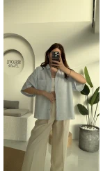 Pome Keten Karışımlı Tek Cepli Gömlek Mavi - 2114