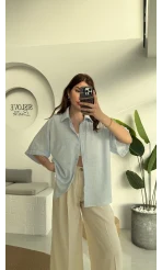 Pome Keten Karışımlı Tek Cepli Gömlek Mavi - 2114