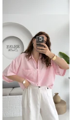 Pome Keten Karışımlı Tek Cepli Gömlek Pembe - 2114