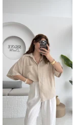 Pome Keten Karışımlı Tek Cepli Gömlek Taş - 2114