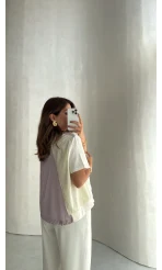 Poplin Detay Büzgülü T-shirt - Ekru - Kod: 1044