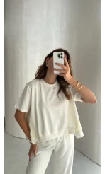 Poplin Detay Büzgülü T-shirt - Ekru - Kod: 1044