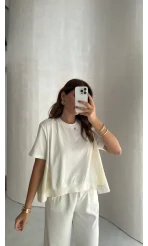 Poplin Detay Büzgülü T-shirt - Ekru - Kod: 1044