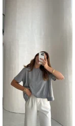 Poplin Detay Büzgülü T-shirt - Gri - Kod: 1044