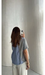 Poplin Detay Büzgülü T-shirt - Gri - Kod: 1044