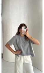 Poplin Detay Büzgülü T-shirt - Gri - Kod: 1044