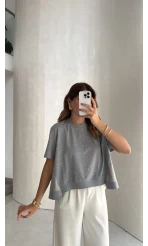 Poplin Detay Büzgülü T-shirt - Gri - Kod: 1044