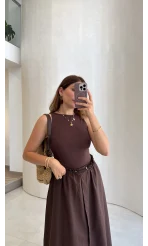 Poplin Etekli Elbise - Kahve - Kod: 4159