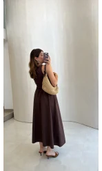 Poplin Etekli Elbise - Kahve - Kod: 4159
