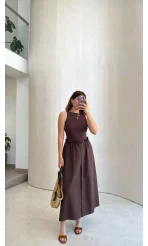 Poplin Etekli Elbise - Kahve - Kod: 4159