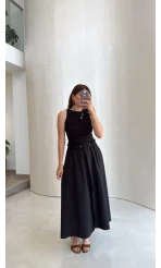Poplin Etekli Elbise - Siyah - Kod: 4159