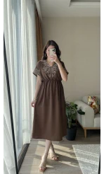 Poppy Kahverengi Nakışlı Elbise
