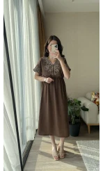 Poppy Kahverengi Nakışlı Elbise