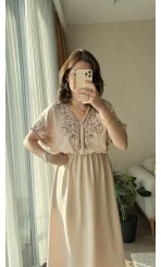 Poppy Krem Nakışlı Elbise