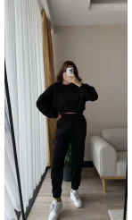 Power Siyah Bisiklet Yaka Crop Sweat 3 İplik Eşofman Takımı